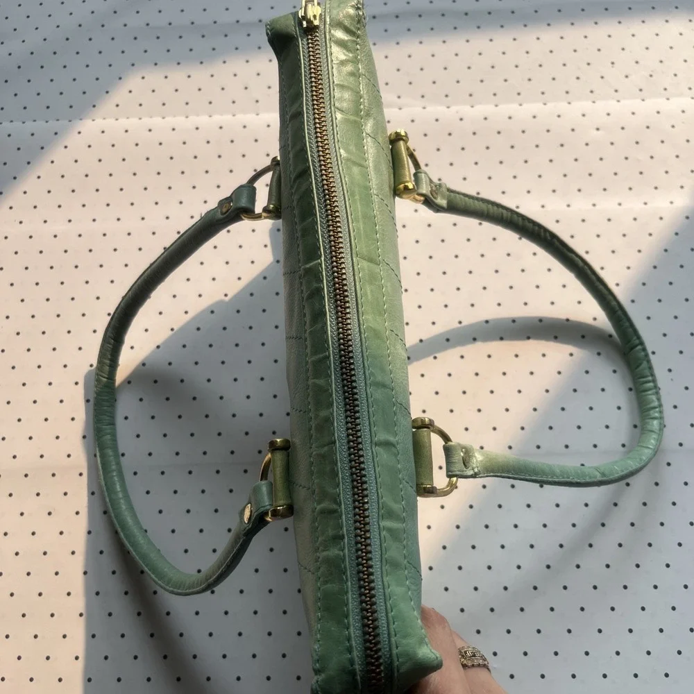 Vintage Mint Green Genuine Leather Satchel Purse Zip Top Brass Top Handle